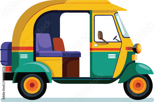 Illustration of a yellow and green auto rickshaw vehicle