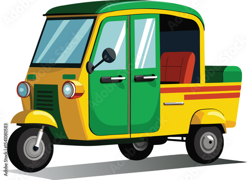 Cartoon illustration of a green and yellow auto rickshaw