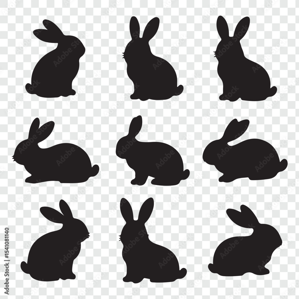 A collection of silhouettes of rabbits in various poses. Easter bunny silhouettes vector illustration.