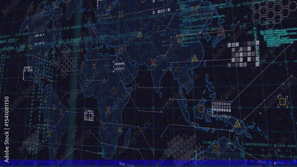 Grid stretching initiating map materializing, glitch sweeping and icons popping for data monitoring