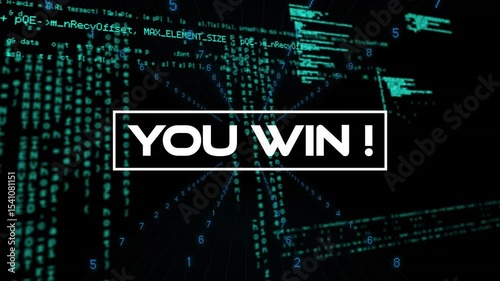 Data flow merging You Win banner fading in glitching clearing codes shifting boosting victory