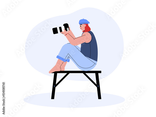 Female photographer sitting on a long bench checking the results of the pictures. Professional photographer illustration. Cameraman concept. Flat vector illustration.