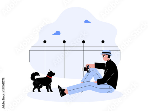 Photographer photographing dog with camera he carries in city park. Professional photographer illustration. Cameraman concept. Flat vector illustration.
