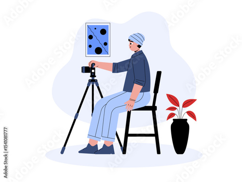 Taking a picture while sitting on a chair by a photographer with a modern camera. Professional photographer illustration. Cameraman concept. Flat vector illustration.