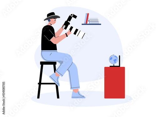 Photographer photographing an object in the form of a small globe. Professional photographer illustration. Cameraman concept. Flat vector illustration.