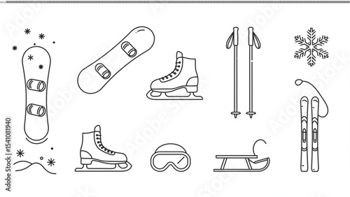 Winter Sports Equipment Line Icons Snowboard, Skates, Skis, Poles, Sled