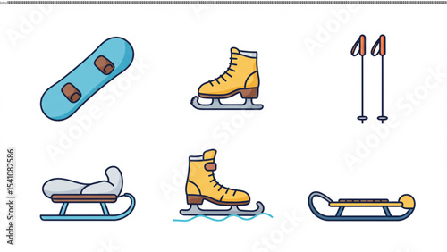 Winter Sports Icons Snowboard, Ice Skates, Ski Poles, Sledding