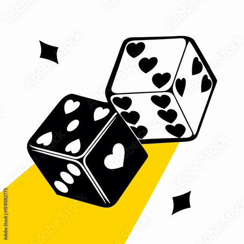 Black and White Dice with Hearts, Casino Game Illustration