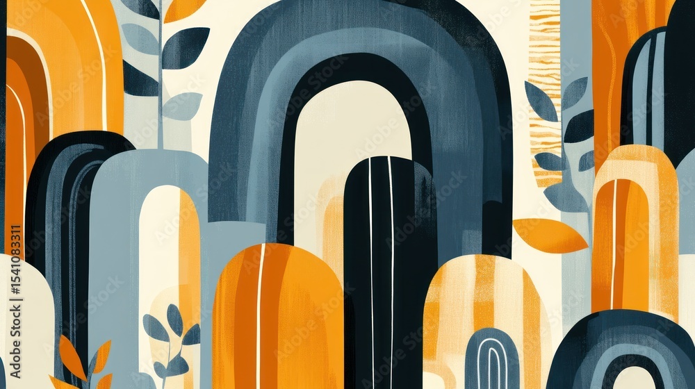 Abstract art with blue, orange, and beige arches and leaves. Abstract art with blue, orange, and beige arches and leaves.