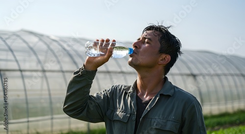 A farmer, exhausted from the heat, drinks water. Replenishing moisture.
