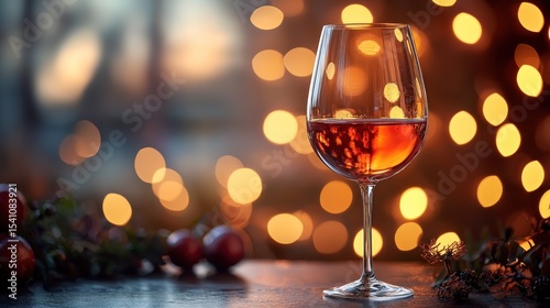 Elegant wine glass with warm lighting
