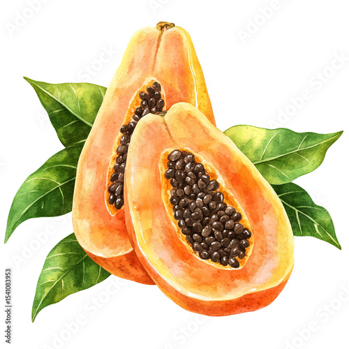 Botanical papaya fruit cut in half with seeds, soft leaf illustration, watercolor texture, transparent PNG