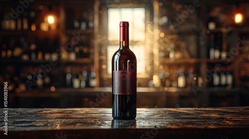 Red wine bottle on rustic wooden bar