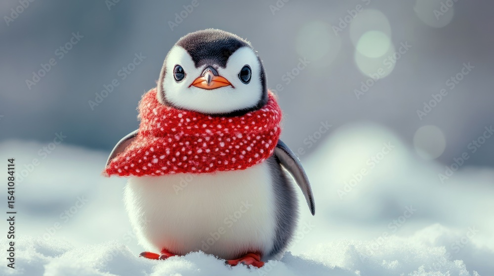 Fototapeta premium Charming penguin chick adorned with a vibrant red scarf enjoying snowy landscape
