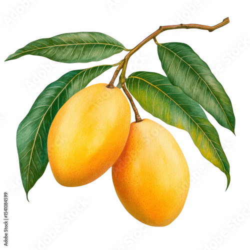 Classic botanical mango with branch and soft yellow-orange tones, leaf details, transparent PNG, tropical style