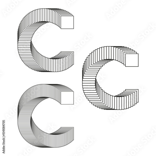 3D curved arrows. C shaped direction. Isometric vector icons. Monochrome motion symbols.