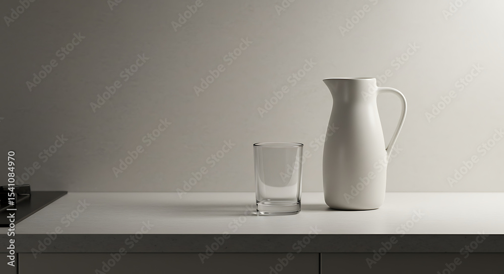 Fototapeta premium Minimalist Still Life Pitcher and Glass on Kitchen Counter