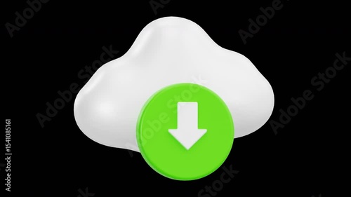3D Cloud Computing Download Icon Animation, Data Storage and Transfer Symbol, Alpha Channel
