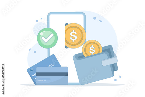 The concept of an electronic wallet or e-wallet. Safe storage of money. Virtual bank electronic wallet. Storing money in digital form. Financial transactions using a smartphone.