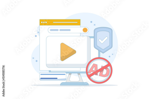 Concept of protection from harmful videos. Ad blocking, pop-up ad blocker. ad filtering tool. protective symbols and videos. anti-pop-up. safe viewing. flat design in the background.