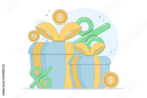gift box concept, Gifts and bonuses or special promotions with coins and percentage signs. online shopping promotions and gift box coins. special offers, advertising, special offers, promotions.