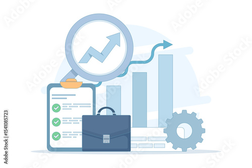 Financial growth and sustainable investment concept. checklist, briefcase and tools. business growth chart illustration with rising arrow. symbolizes success, analysis or strategy.