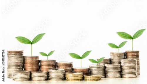Growing Money Concept Stacks of Coins with Young Green Plants Sprouting