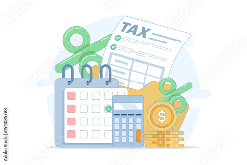 Tax calculation concept. Tax payment. Data analysis, documents, financial research reports and tax return calculation. Income or profit management, tax calculation. Flat design.