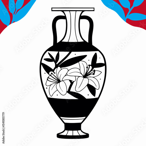 Greek amphora vase with lilies, black and white illustration