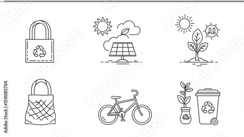 Eco-Friendly Lifestyle Icons Reusable Bags, Solar Energy, Recycling, and Cycling