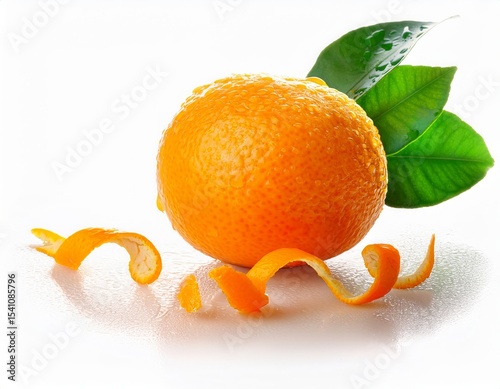 Juicy Orange with Peel and Fresh Green Leaves Isolated on White Background