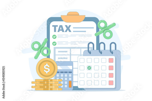 Tax calculation concept. Tax payment. Data analysis, documents, financial research reports and tax return calculation. Income or profit management, tax calculation. Flat design.