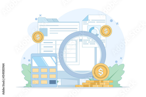 Income tax calculation concept, calculating income and filling tax forms, completing tax forms with calculator. Financial statements, Annual Tax Returns, Financial documents. Vector illustration.