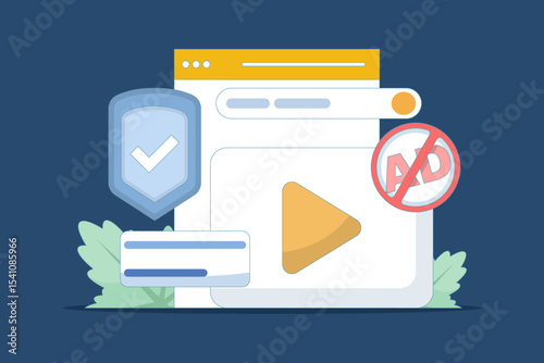 Concept of protection from harmful videos. Ad blocking, pop-up ad blocker. ad filtering tool. protective symbols and videos. anti-pop-up. safe viewing. flat design in the background.