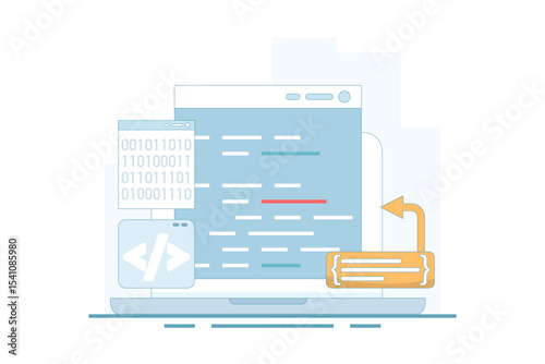 Compiler programming concept, binary numbers. software development, machine language laptop code. programming, coding in computer. data filtering. flat vector illustration.