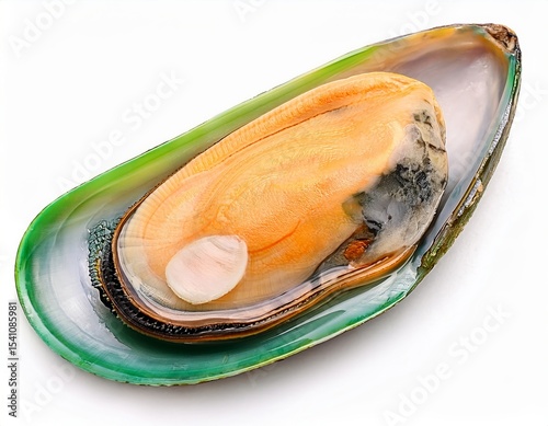 Single Cooked Green Lipped Mussel Shell Seafood Dish Isolated on White Background