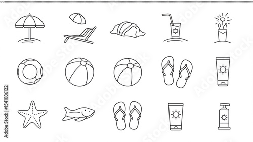 Summer Beach Icons Line Art Illustrations for Vacation Designs