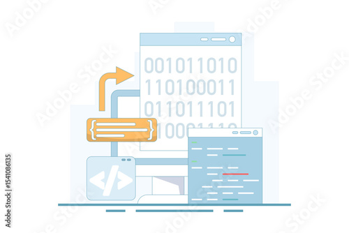 Compiler programming concept, binary numbers. software development, machine language laptop code. programming, coding in computer. data filtering. flat vector illustration.