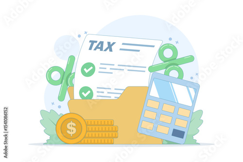 Tax calculation concept. Tax payment. Data analysis, documents, financial research reports and tax return calculation. Income or profit management, tax calculation. Flat design.