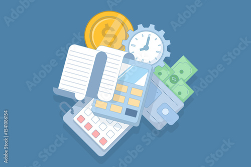 Time and money management concept. Calculator, calendar, money in wallet, and gold coins, economy and investment. money balance and time management. flat vector illustration.