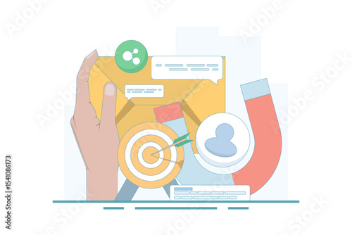 Email marketing strategy concept. subscribe to newsletter or send online promotions to attract customers to website, communication and advertising. flat design vector illustration on background.