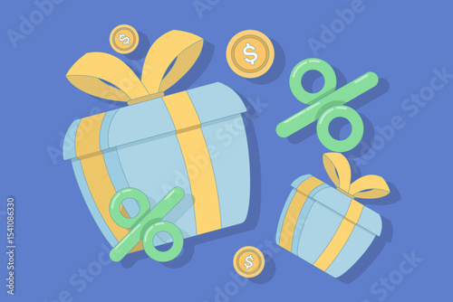 gift box concept, Gifts and bonuses or special promotions with coins and percentage signs. online shopping promotions and gift box coins. special offers, advertising, special offers, promotions.