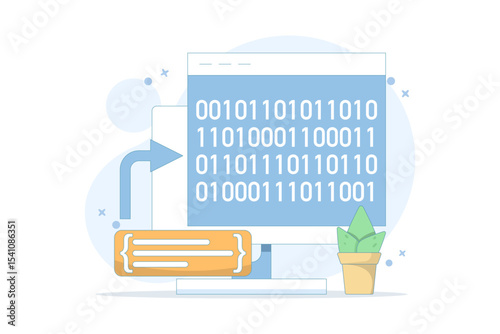 Compiler programming concept, binary numbers. software development, machine language laptop code. programming, coding in computer. data filtering. flat vector illustration.