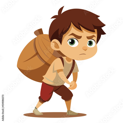 Cartoon boy carrying a large acorn on his back looking grumpy