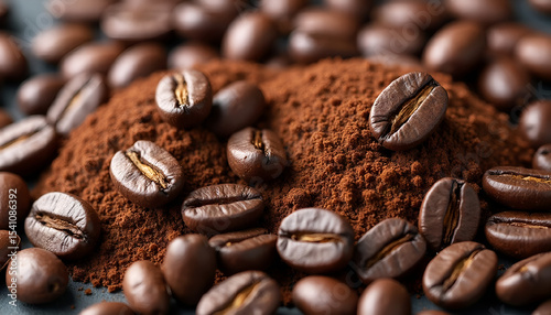 Coffee beans on a pile of ground coffee. Coffee comparison.
