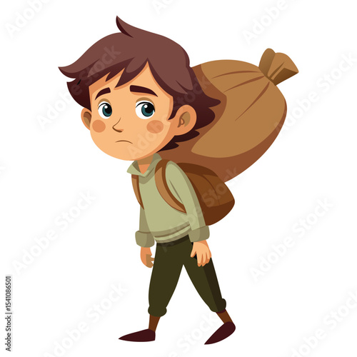 Cartoon boy carrying a heavy sack on his back illustration