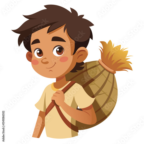 Cartoon boy carrying a woven basket on his shoulder vector
