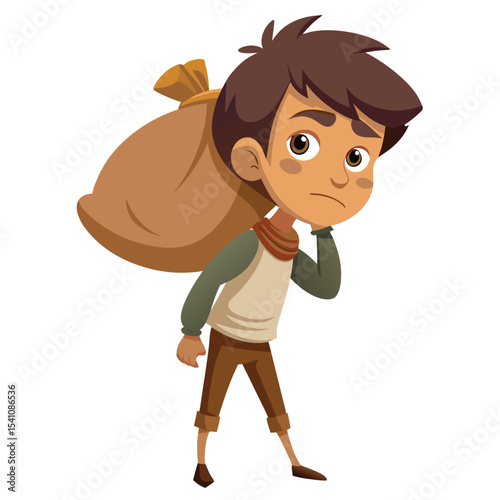 Cartoon boy carrying a heavy sack over his shoulder alone