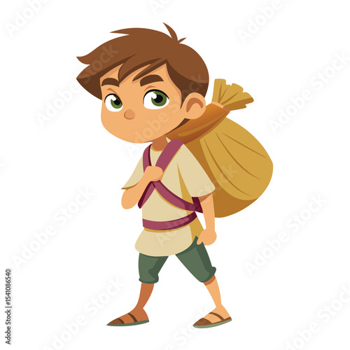 Cartoon boy carrying a sack over his shoulder illustration