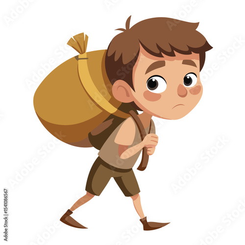 Cartoon boy carrying a heavy sack with a sad expression